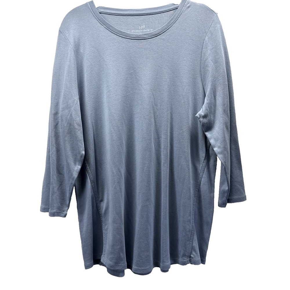 J Jill 3/4 Sleeve Side Inset Tee Size Large Solid Blue Pullover 100% Pima Cotton